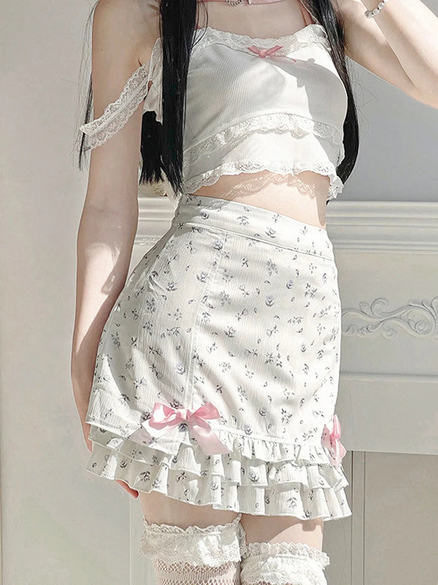 LVSANW Women s Summer Skirt with Satin Bow Floral Print High Waist Ruffled Hem Mini A-Line Chiffon Skirt