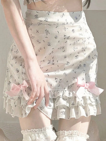 LVSANW Women s Summer Skirt with Satin Bow Floral Print High Waist Ruffled Hem Mini A-Line Chiffon Skirt