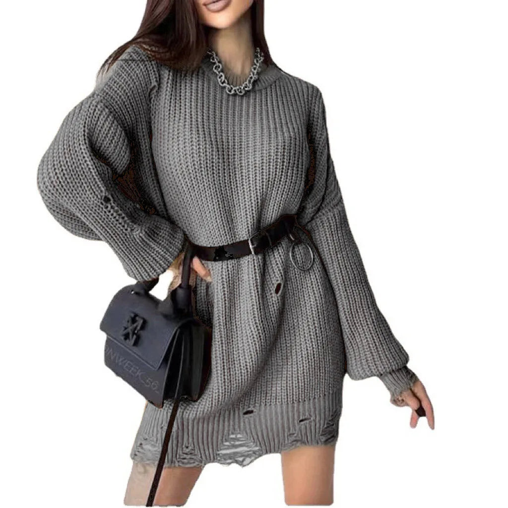 LVSANW Women's Sweater Autumn Winter New Solid Color Round Neck Long Sleeved Sweater With A Torn Hole At The Hem Loose Knit Pullover.