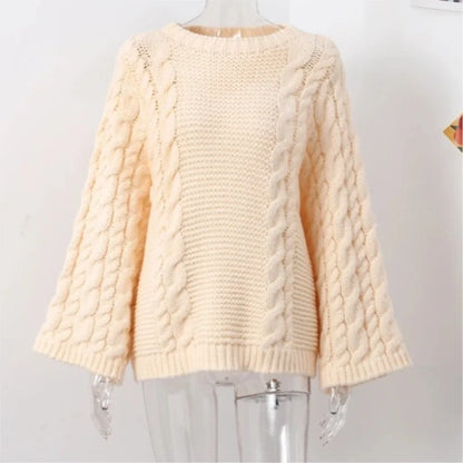 LVSANW Women's Thick Line Big Twist Knitted Loose Sweater Pullover Fashion Casual Crochet Round Neck Sweaters Solid Color New Knitwear