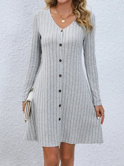 LVSANW Women's V-Neck Button Dress Monochromatic A-line Casual Comfortable Spring Autumn Trend