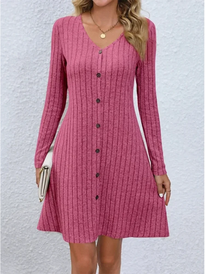 LVSANW Women's V-Neck Button Dress Monochromatic A-line Casual Comfortable Spring Autumn Trend