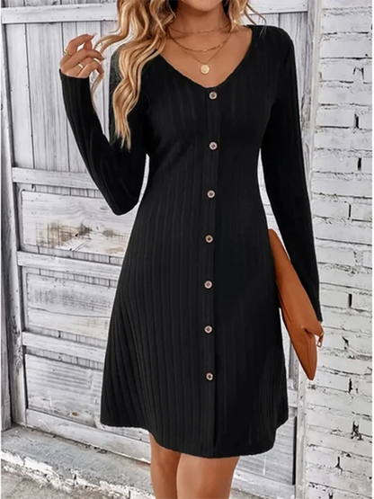 LVSANW Women's V-Neck Button Dress Monochromatic A-line Casual Comfortable Spring Autumn Trend