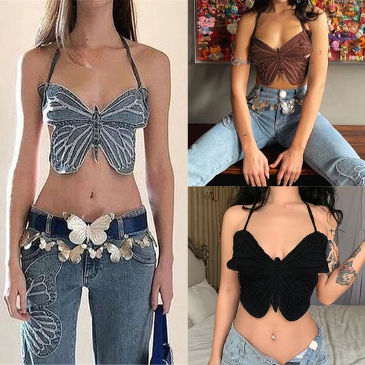 LVSANW Women's V-neck Halter Top Stylish Denim Sling Tank Tops Summer Butterfly Backless Crop Tops Ladies Tube Tops for Party