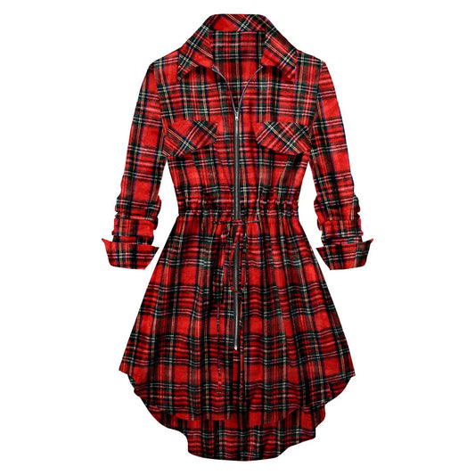 LVSANW Women's Vintage Plaid Zip-Up Long Sleeve Mid Length Shirt