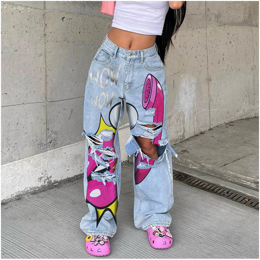 LVSANW Women's jeans long high waist ripped printing thick edge European and American wide-leg pants trend Y2K personalized jeans