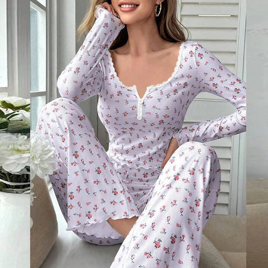 LVSANW Women's printed pajama set with round neck long sleeved top elastic waist long pants casual spring   home clothes two piece set