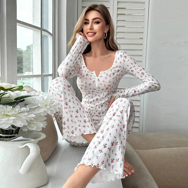 LVSANW Women's printed pajama set with round neck long sleeved top elastic waist long pants casual spring   home clothes two piece set