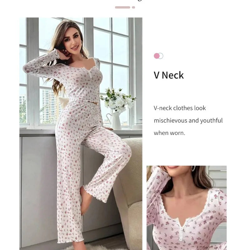 LVSANW Women's printed pajama set with round neck long sleeved top elastic waist long pants casual spring   home clothes two piece set