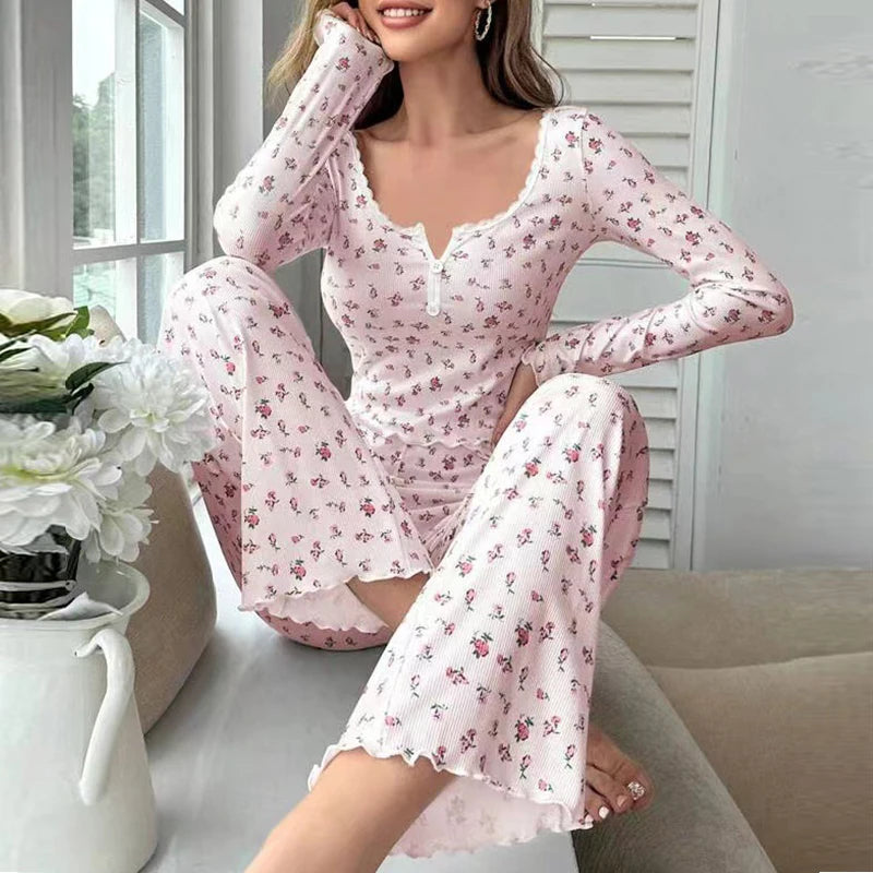 LVSANW Women's printed pajama set with round neck long sleeved top elastic waist long pants casual spring   home clothes two piece set