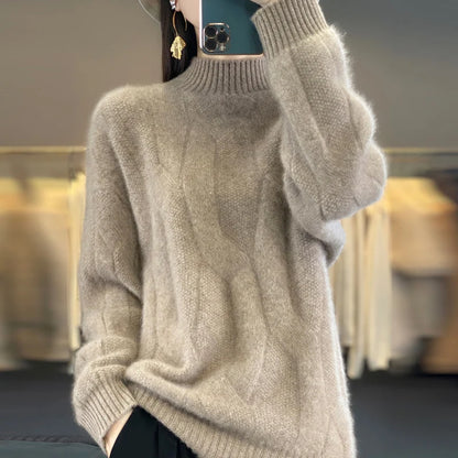 LVSANW Women's pullovers fall/winter high-quality soft 100% merino wool sweater with half high neck and thick cashmere sweater top