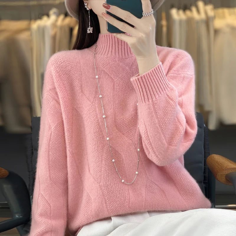 LVSANW Women's pullovers fall/winter high-quality soft 100% merino wool sweater with half high neck and thick cashmere sweater top