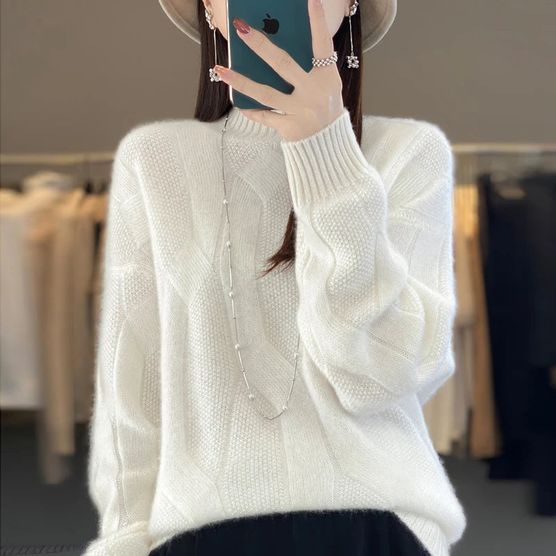 LVSANW Women's pullovers fall/winter high-quality soft 100% merino wool sweater with half high neck and thick cashmere sweater top