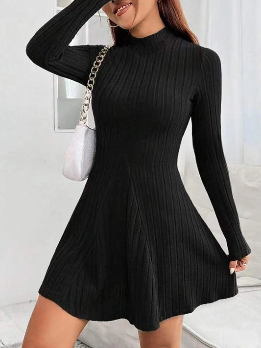 LVSANW Women's slim fit half high collar waist cinched A-line skirt long sleeved pit stripe dress