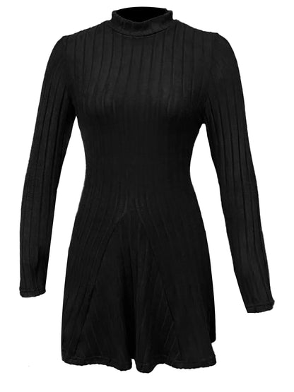 LVSANW Women's slim fit half high collar waist cinched A-line skirt long sleeved pit stripe dress