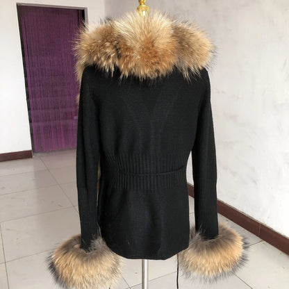 LVSANW Women's spring and autumn sweater cardigan jacket with real fox fur collar real fox fur jacket natural fox fur women's jacket