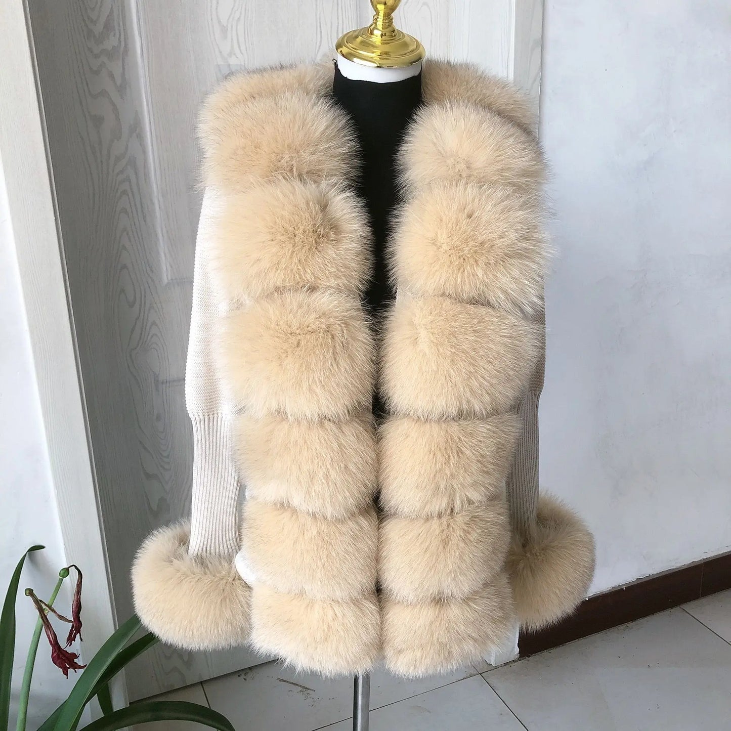 LVSANW Women's spring and autumn sweater cardigan jacket with real fox fur collar real fox fur jacket natural fox fur women's jacket