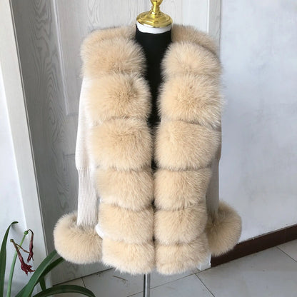 LVSANW Women's spring and autumn sweater cardigan jacket with real fox fur collar real fox fur jacket natural fox fur women's jacket