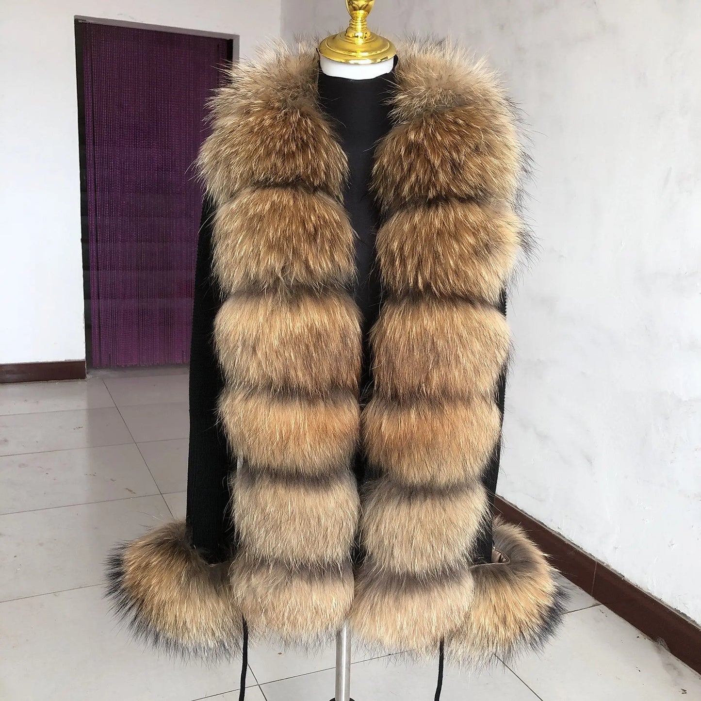 LVSANW Women's spring and autumn sweater cardigan jacket with real fox fur collar real fox fur jacket natural fox fur women's jacket