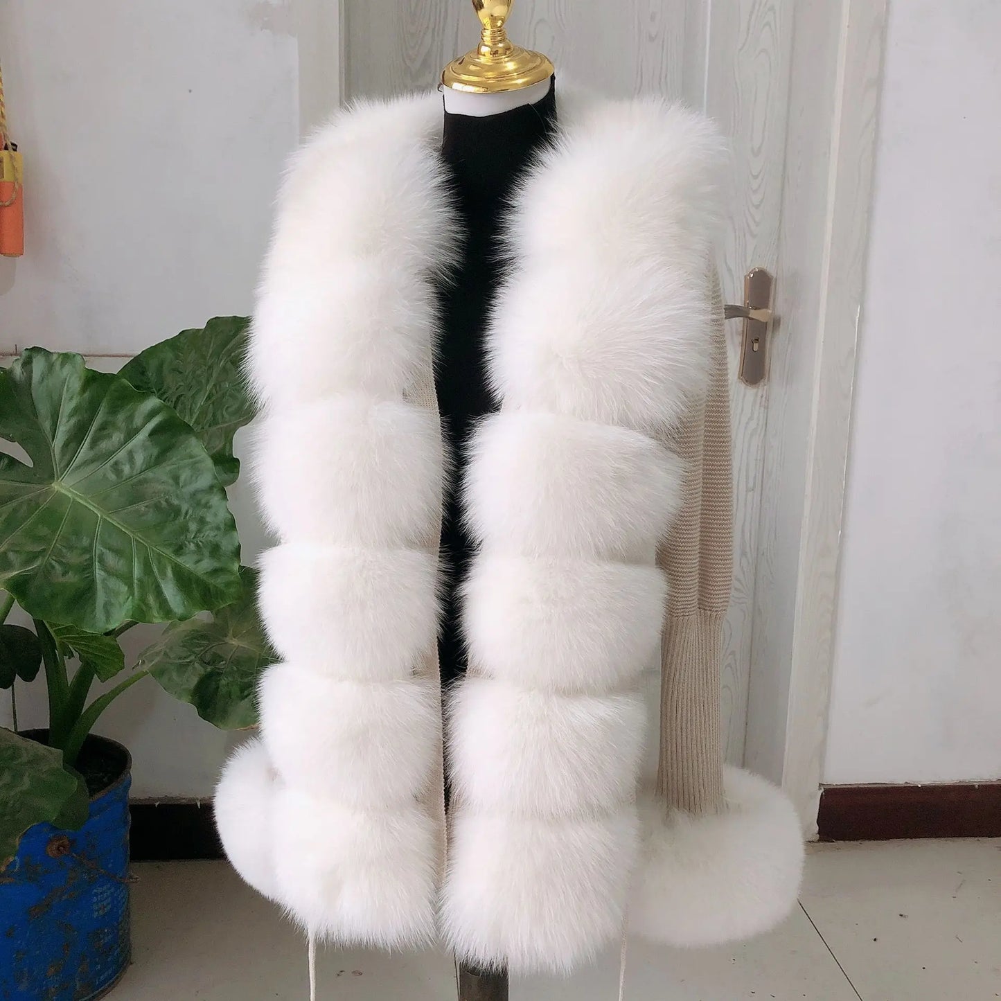 LVSANW Women's spring and autumn sweater cardigan jacket with real fox fur collar real fox fur jacket natural fox fur women's jacket