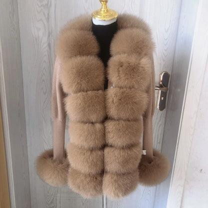 LVSANW Women's spring and autumn sweater cardigan jacket with real fox fur collar real fox fur jacket natural fox fur women's jacket