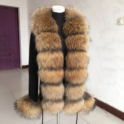 LVSANW Women's spring and autumn sweater cardigan jacket with real fox fur collar real fox fur jacket natural fox fur women's jacket