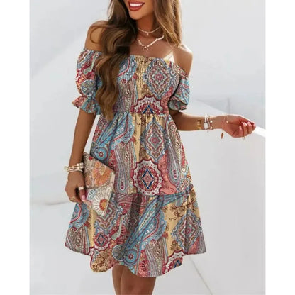 LVSANW Women's summer short sleeved loose Bohemian print off shoulder pleated mini dress party dress fashion