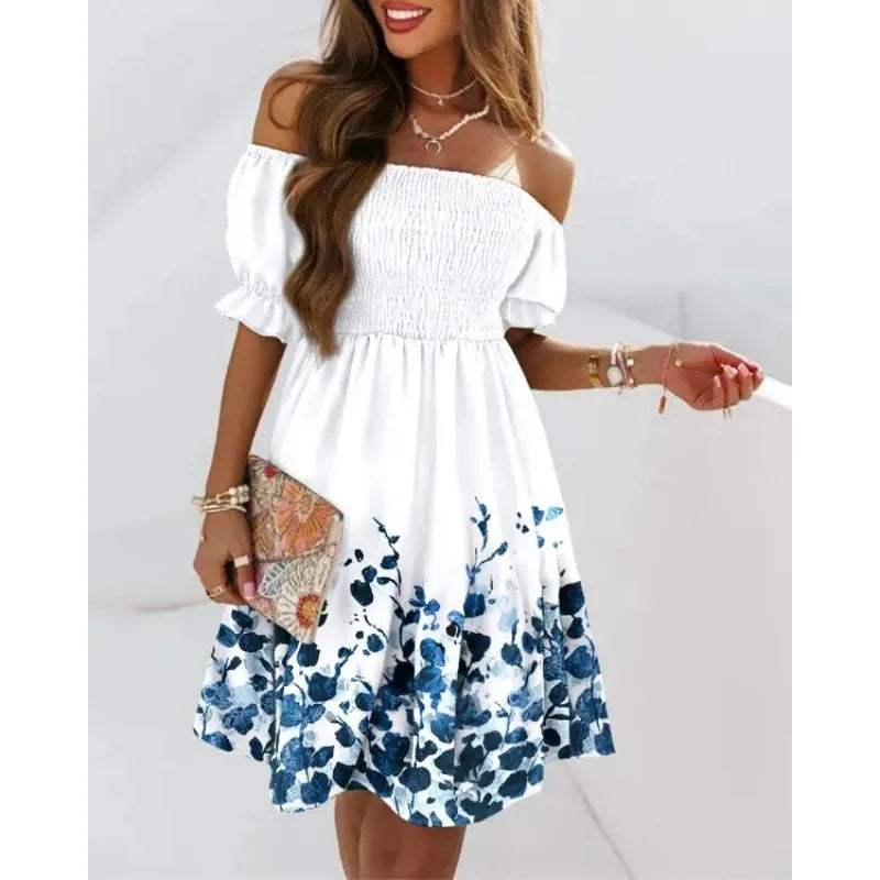 LVSANW Women's summer short sleeved loose Bohemian print off shoulder pleated mini dress party dress fashion