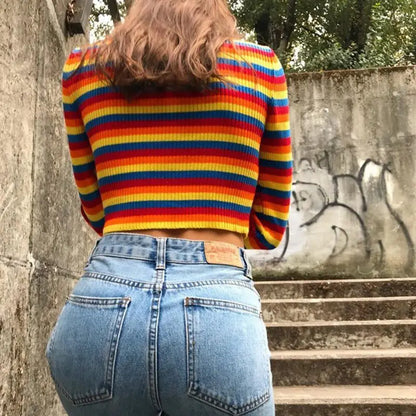 LVSANW Womens Autumn Long Sleeve Turtleneck Sweater Colorful Rainbow Stripes Short Crop