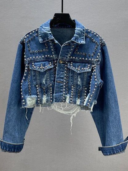 LVSANW Womens Denim Jacket 2024 Spring Summer New In Heavy Industry Rivet Studded Jean Jacket Women Worn Nail Bead Jean Jacket Top