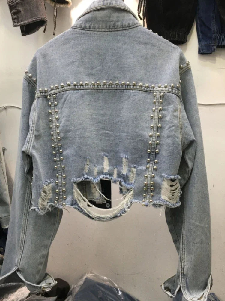 LVSANW Womens Denim Jacket 2024 Spring Summer New In Heavy Industry Rivet Studded Jean Jacket Women Worn Nail Bead Jean Jacket Top