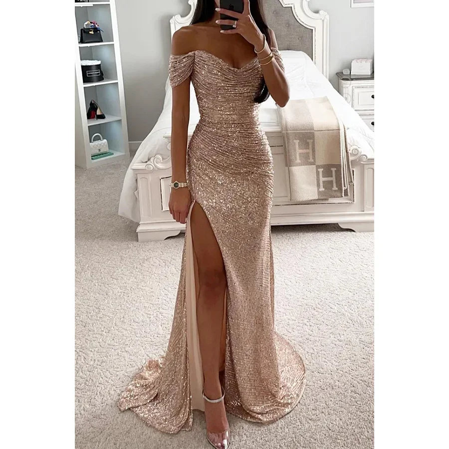 LVSANW Womens Dresses New Party Sequin One Line Neckline Slit Dress Casual Fashion Dress for Women