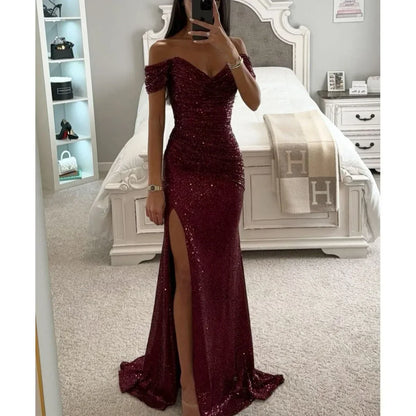 LVSANW Womens Dresses New Party Sequin One Line Neckline Slit Dress Casual Fashion Dress for Women