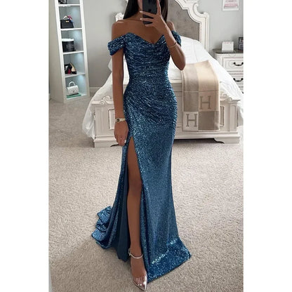 LVSANW Womens Dresses New Party Sequin One Line Neckline Slit Dress Casual Fashion Dress for Women