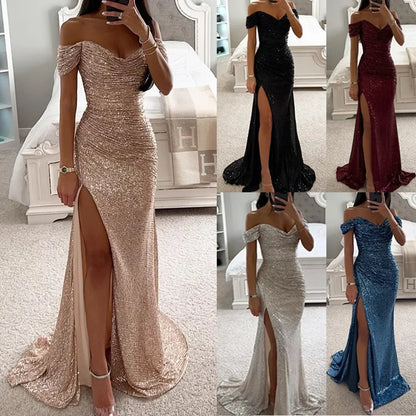 LVSANW Womens Dresses New Party Sequin One Line Neckline Slit Dress Casual Fashion Dress for Women