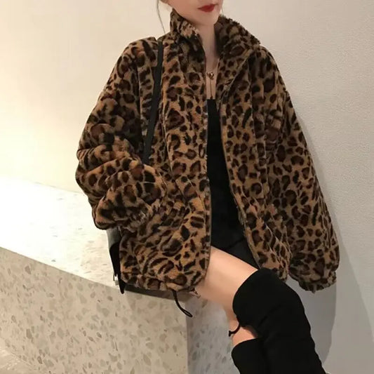 LVSANW Womens Leopard Print Short Coat Casual  Fleece Zipper Jacket Autumn Winter