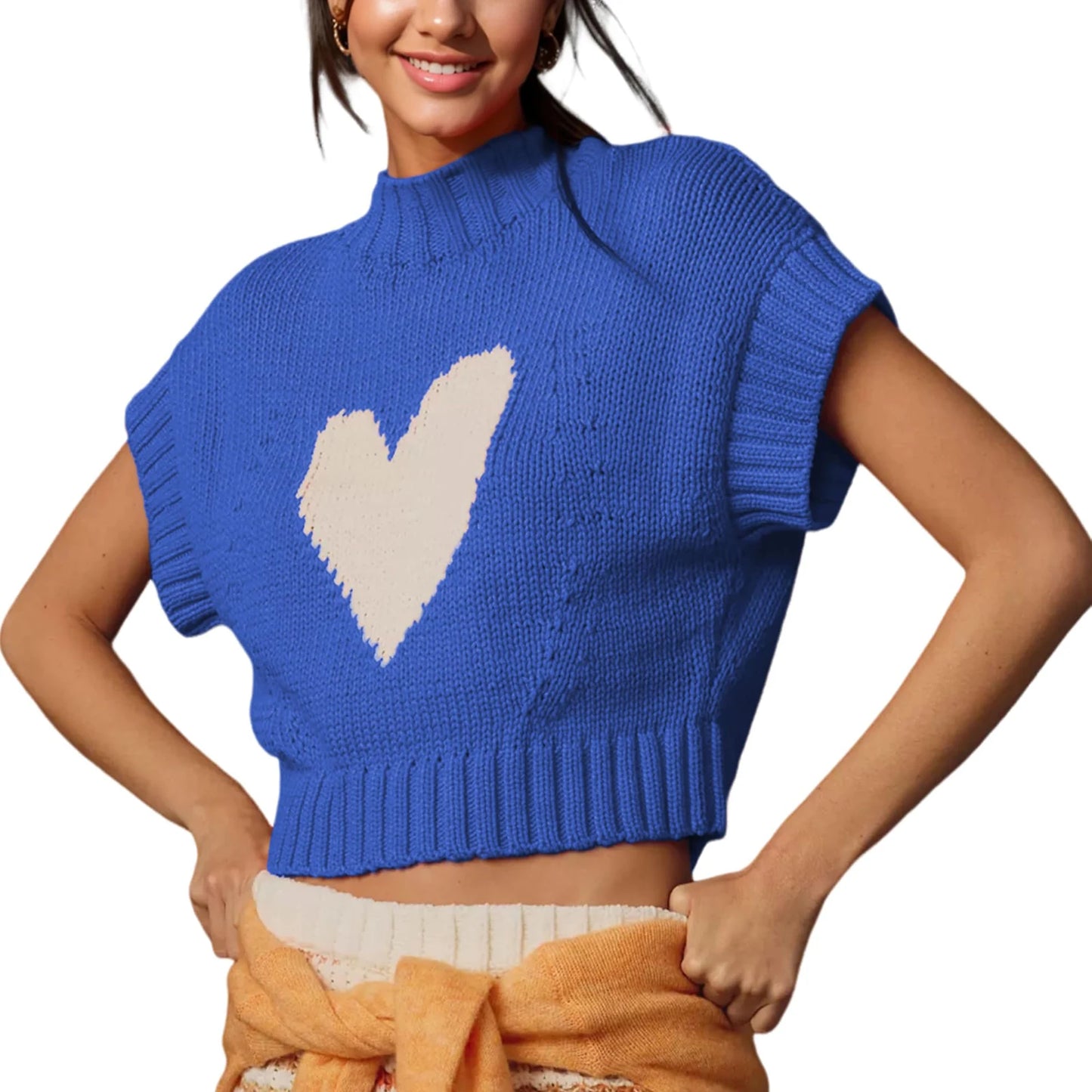 LVSANW Womens Short Sleeve Sweater Heart Mock Neck Crop Knitted Tops Casual Streetwear for Daily Office Party