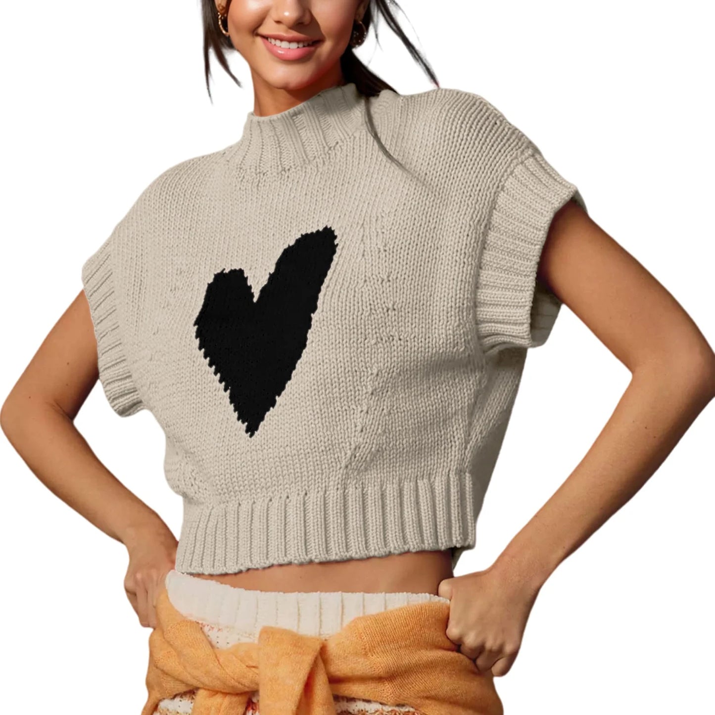 LVSANW Womens Short Sleeve Sweater Heart Mock Neck Crop Knitted Tops Casual Streetwear for Daily Office Party