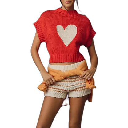 LVSANW Womens Short Sleeve Sweater Heart Mock Neck Crop Knitted Tops Casual Streetwear for Daily Office Party