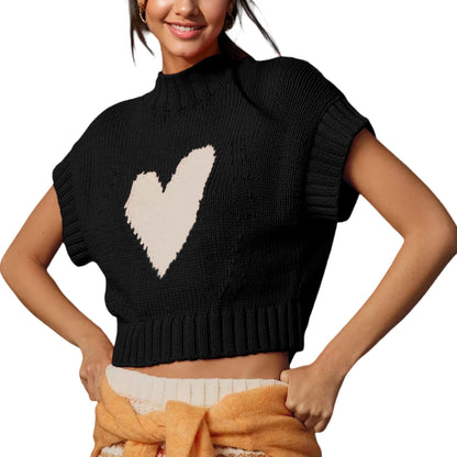 LVSANW Womens Short Sleeve Sweater Heart Mock Neck Crop Knitted Tops Casual Streetwear for Daily Office Party