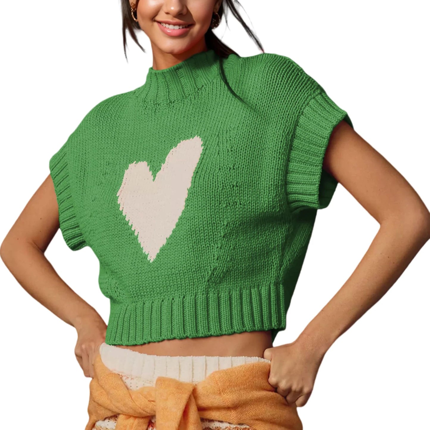 LVSANW Womens Short Sleeve Sweater Heart Mock Neck Crop Knitted Tops Casual Streetwear for Daily Office Party