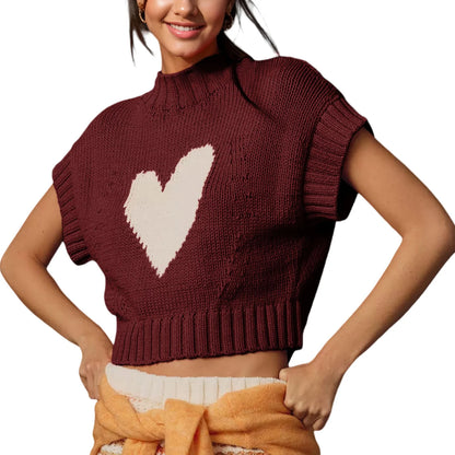 LVSANW Womens Short Sleeve Sweater Heart Mock Neck Crop Knitted Tops Casual Streetwear for Daily Office Party