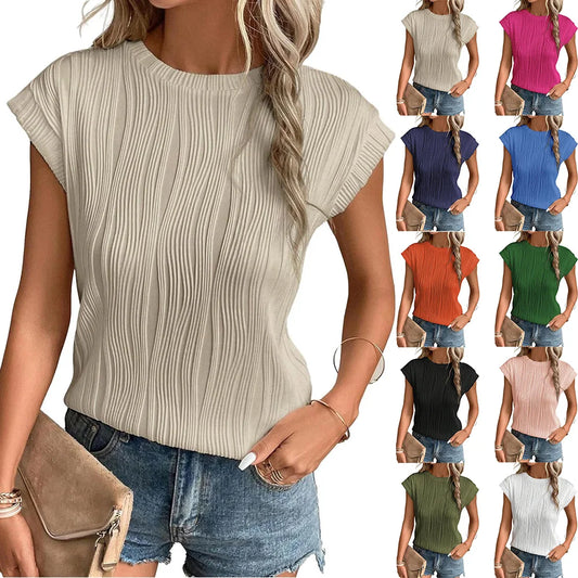 LVSANW Womens Short Sleeve Textured Tops Crewneck Knit Solid Loose Casual Basic T Shirts Tee Blouses