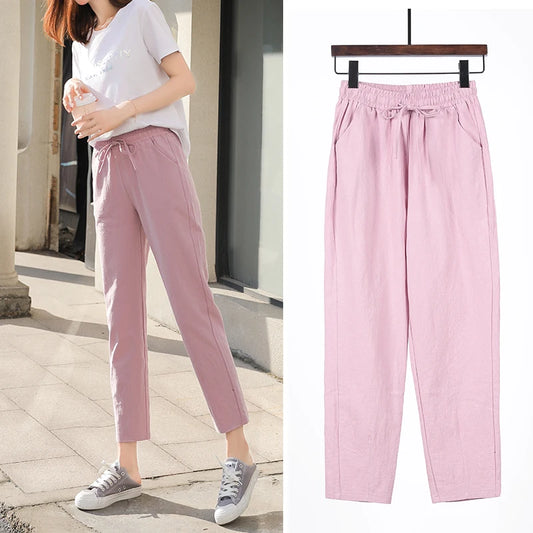 LVSANW Womens Spring Summer Pants Cotton Linen Solid Elastic waist Candy Colors Harem Trousers Casual Female Pants