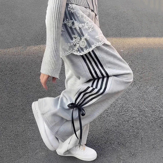 LVSANW Womens Stripe Wide Leg Pants 2024 Spring Summer Lace Up Bow Y2k Casual High Waist Female Trouser Sweatpants