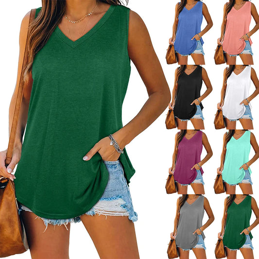 LVSANW Womens Tank Tops V Neck Basic Solid Color Casual Flowy Summer Sleeveless