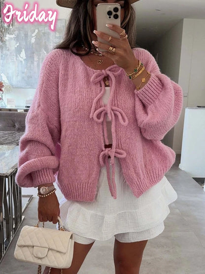 LVSANW Womens Tie Front Bow Cardigan Sweaters Oversized Chunky Knit Cardigan Long Sleeve Open Front Loose Knitwears Bow Pink Tops