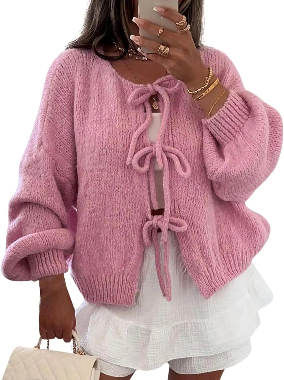 LVSANW Womens Tie Front Bow Cardigan Sweaters Oversized Chunky Knit Cardigan Long Sleeve Open Front Loose Knitwears Bow Pink Tops