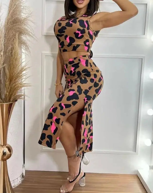 LVSANW Womens Two Piece Sets Outfit Sexy Skinny Elegant Leopard Print Tied Detail Top & Skirt Set New Fashion 2024 Summer Casual