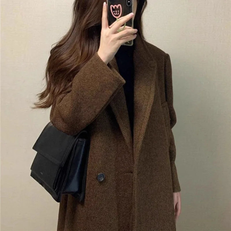 LVSANW Woolen Coat Women Autumn Winter Solid Elegant Korean Jacket Thick Wool Blazer Casual Mid-Length Single-Button Lapel Coat Outwear